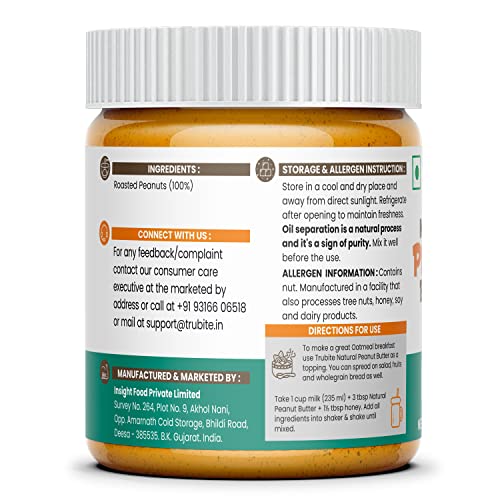 Image of Trubite Natural Peanut Butter (Creamy) (350g) | Unsweetened | 30g Protein | Non GMO | Gluten Free | Cholesterol Free (350G)