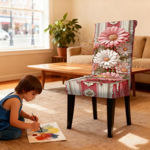 Image of Nuxovilar Pink Daisy Red Ribbon Milk Silk 23.6x66.9in 4PCS Covers | Stretch Slipcover Floral Protector Flower Wrap Seat Guard Dining Room Brunch Event Home Gathering (Pink Daisy)