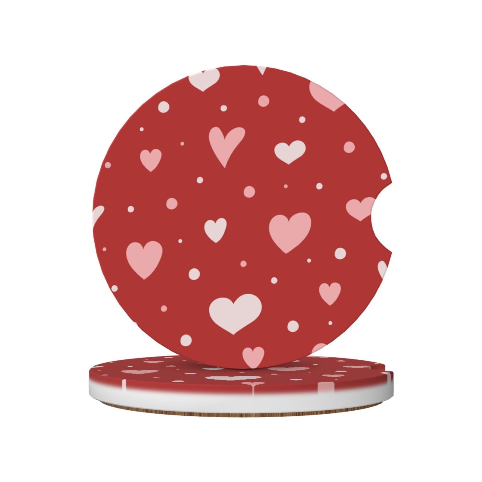 Valentine's Day Heart Pattern, Car Cup Holder Coasters 2 Pack, Absorbent Ceramic Car Coasters with Non Slip Cork Base