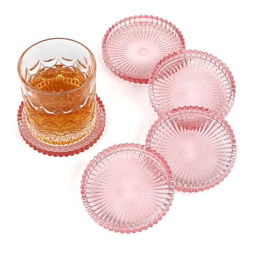 Modern Clear Coaster Set of 5- Glass Coasters for Drinks Clear Pink