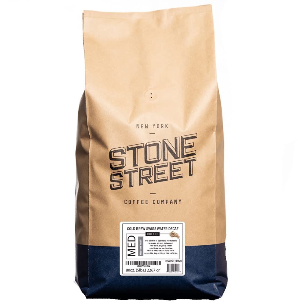 Cold Brew Decaf Coffee, Swiss Water Process, Low Acid, 100% Arabica, Gourmet Coffee, Coarse Ground, Medium Roast, 5 LB