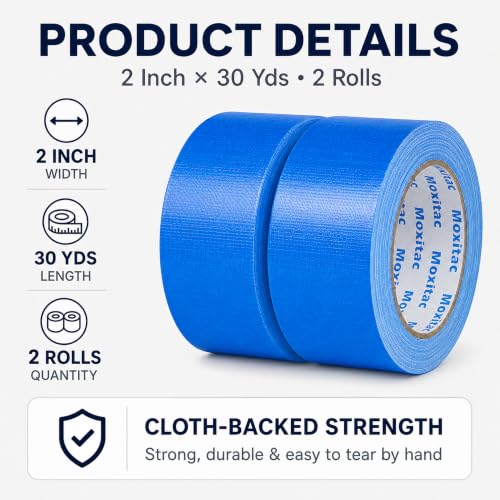 Image of Blue Duct Tape, 2 Rolls, 2 in x 30 yd, Heavy Duty Cloth Tape