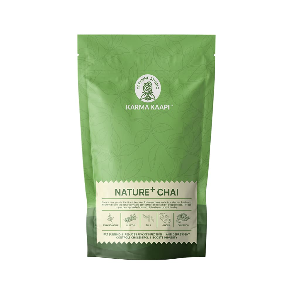 KARMA KAAPI CAFFEINE STUDIO Nature Plus Chai- Tea Leaves Cardamom Ginger Ashwagandha Tulsi & Mulethi Pure Healthy Natural Herbs Extract Tea Boosts Immunity & Weight Loss, Brown