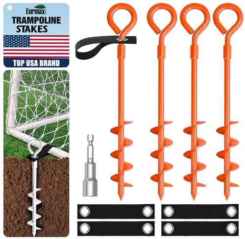 Image of Eurmax USA Trampoline Stakes Screw in Tent Stakes Parts Heavy Duty for Canopies,4-Pack Outdoor Anchor Kit with Straps(Orange)