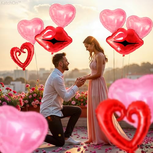 Image of KatchOn, Red and Pink Heart Shaped Balloons - 22 Inch, Pack of 10 | Lips Balloons and Heart Balloons, Valentines Day Decorations | Heart Foil Balloon for Galentines Day Decorations | Valentines Decor