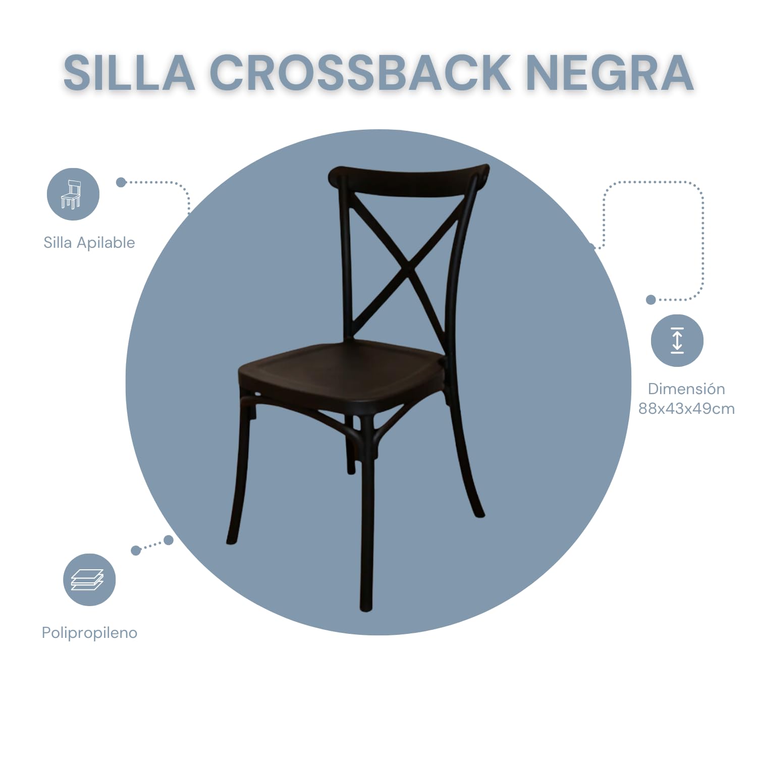 EME 2 Sillas Crossback Color Negro, Sillas de Comedor o Cocina. Incluye 2 sillas. Elegantes para Cocina o Comedor, apilables y Muy Resistentes. Fabricadas en Polipropileno Monoblock.