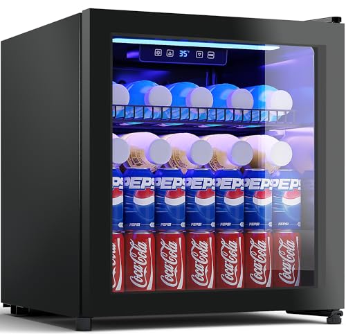 Compact Beverage Refrigerator, 68 Can/1.75 Cubic Feet Mini Fridge with Glass Door for Soda, Beer, or Wine, Freestanding Drink Cooler with Adjustable Shelves and Digital Display