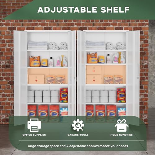 Image of Greenvelly Metal Storage Cabinet, 72 inch Locking Metal Garage Storage Cabinet with Doors and 4 Adjustable Shelves, White Lockable Steel Cabinet for Home Office, Garage, Shop, School (32 inch W x 16 inch D)