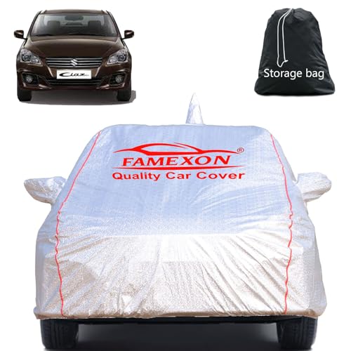Image of Full Body Car Cover for Maruti Suzuki Ciaz with Mirror and Antena Pocket Triple Stiched(Silver with Red Piping)