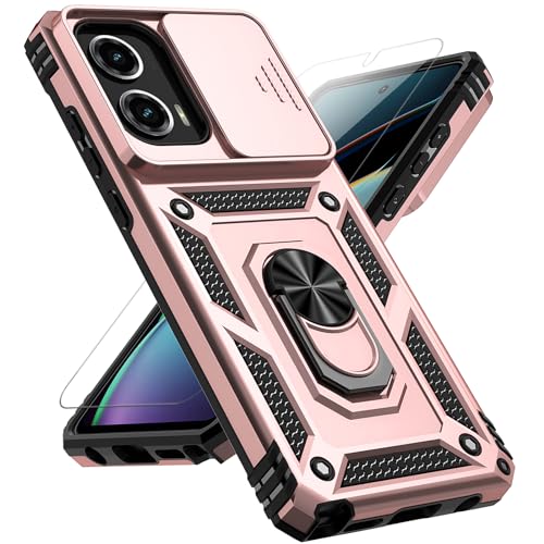 for Moto G Stylus 5G 2024 Case with Slide Camera Cover HD Screen Protector [Military Grade Drop Tested] Magnetic Ring Holder Kickstand Protective Phone Case for Motorola G Stylus 5G 2024, Rose Gold