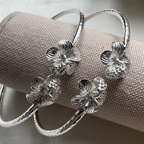 Flower Hibiscus Ends .925 Sterling Silver West Indian Bangles, 1 pair3