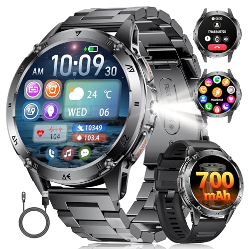 SUNKTA Smart Watch for Men with Flashlight/700 mAh Battery, 1.43'' AMOLED Military Smartwatch with Bluetooth Call Health Monitor IP68 Waterproof Fitness Tracker for Android iOS, Black