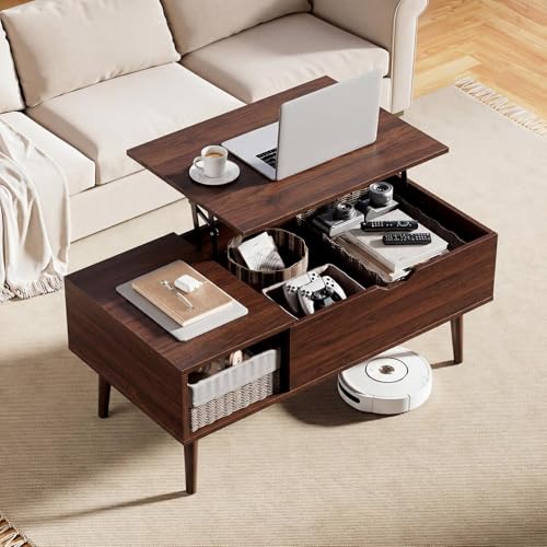 Image of Sweetcrispy Coffee Table Lift Top Coffee Tables for Living Room,Small Rising Wooden Center Tables with Storage Shelf and Hidden Compartment, Dark Brown