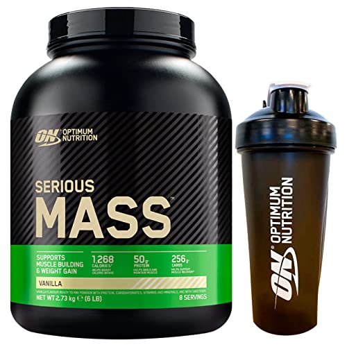 Optimum Nutrition Serious Mass Gainer Molkenproteinpulver für Muskelmasse mit Kreatin, Glutamin und Vitaminen Vanille 2.73kg 8 Portionen + Shaker