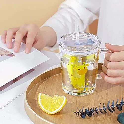 Image of Milk Glass Cups with Handle - Cartoon Print Coffee Mugs with Spill-Proof Lid, Straw & Scale - 350ml Multipurpose Milk Mug for Kids & Adults - Pack of 1 (Random Design)