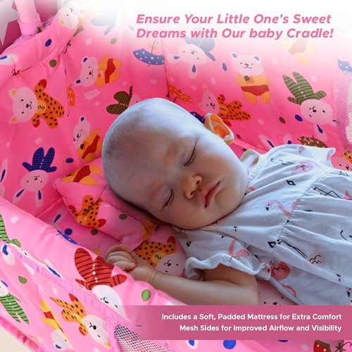 Image of Bubblebaby Premium Sturdy & Safe Baby Cradle Jhula /Palna /Bed /Ghodiyu /Baggi /Baby Bedding With Mosquito Net All Four 360 Rotating Wheels & Lock Storage Mattress For 0-13 Months Boys Girls (Pink) 1count