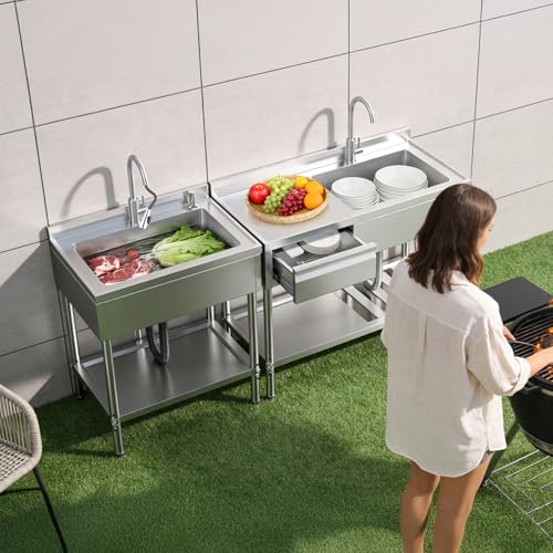 36\" Freestanding Stainless Steel Utility Sink with Storage Shelf – Freestanding Sink with Retractable Hot & Cold Water Plumbing for Laundry Room, Farmhouse, Garage & Outdoor Use
