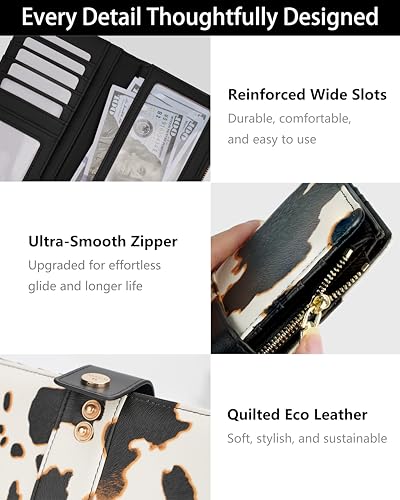 Image of Cow Women's Trifold Wallet,Large Capacity RFID Long Wallet | 16 Card Slots,2 ID Windows,4 Bill Compartments,Vegan Leather,Double Zipper Pockets,Large Capacity Organizer