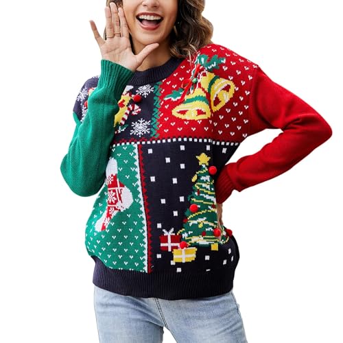 IFFEI Womens Ugly Christmas Jumper Santa Reindeer Print Long Sleeve Crew Neck Ladies Novelty Knitted Xmas Pullover Sweater Knitwear UK XL
