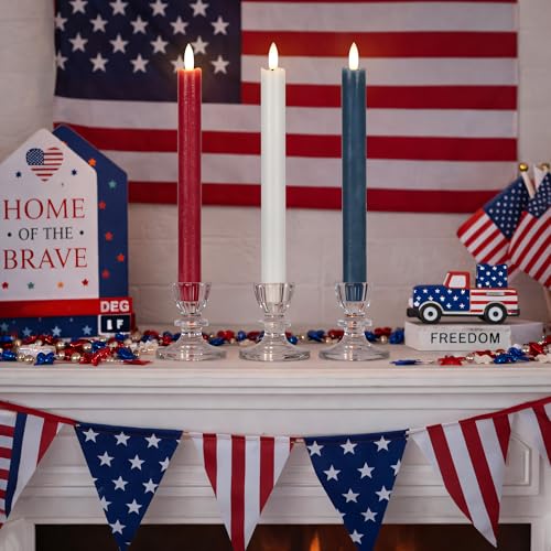 Image of JOIONE Patriotic Flameless Taper Candles with Remote, 3 Pack Red White Blue | Battery Operated, Red White Blue, Real Wax, Remote Control, Warm Flickering Glow, 4th of July Independence Day Party Decor