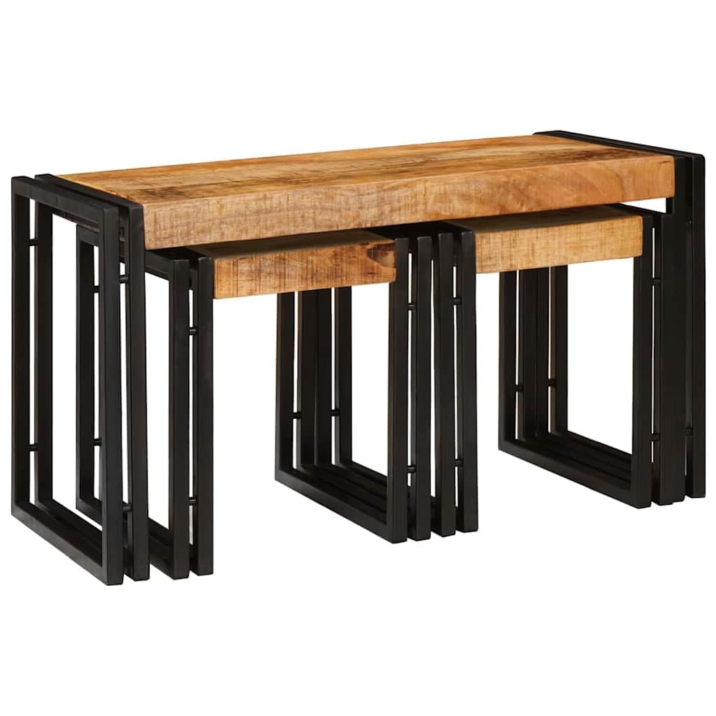 SXZenSpace Industrial Nest of Tables 3 pcs Solid Rough Mango Wood & Iron Frame 82 x 40 45 cm Nesting Side Table Living Room Bedroom Slim Storage Solution