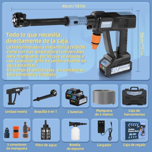 Miniatura 9 de Hidrolimpiadora A Batería, Pistola De Agua A Presión 21v Hidrolimpiadora Eléctrica Portátil Con 2 Baterías Y Tubo De 5 M, Lavadora Inalámbrica Para Coche, Jardín, Terraza, Césped Y Riego