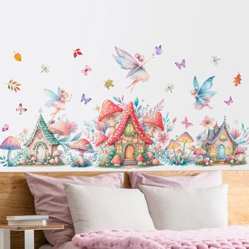 Image of DTLIFEK Mushroom House Fairy Wall Decals Cute Elf Flowers Butterflies Wall Stickers Removable Princess Rainbow Castles Wall Art Garden Plant Grass Vinyl Peel and Stick Wallpaper for Kids Bedroom Decor