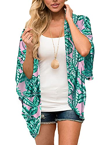 Women's Tropical Palm Leaf Floral Print Kimono Cover Ups Plus Size Chiffon Sheer Summer Cardigans Lightweight Boho Beach Hawaiian Shirts Tops Maternity Green Pink XX-Large