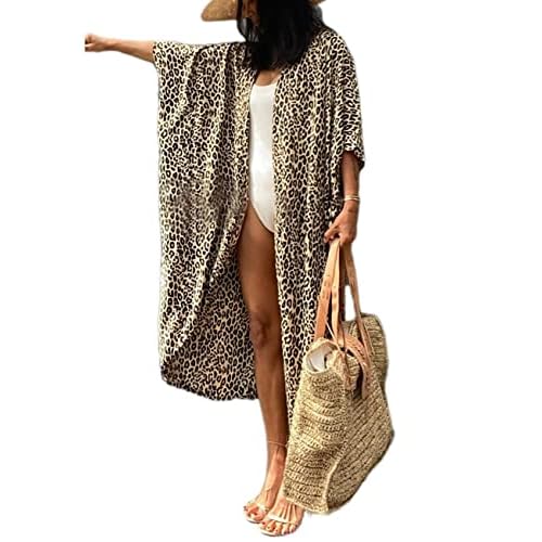 Bsubseach Stylish Tie Dye Open Front Long Kimono Swimsuit Cover Up for Women Swimwear Cover Ups C-leopard Yellow