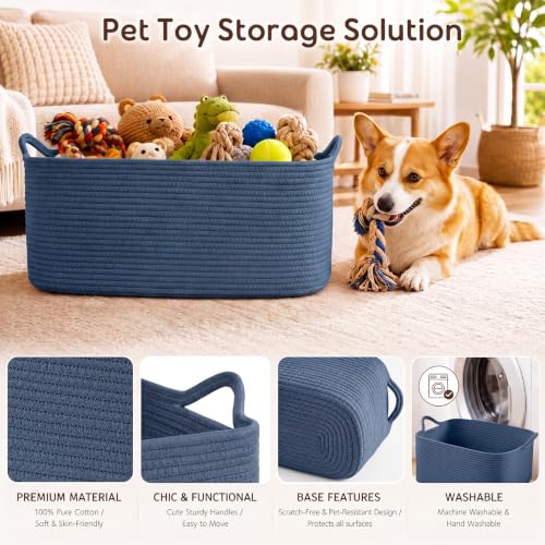 Image of OIASKET Large Empty Cotton Rope Gift Basket with Handles, 16.5 inchx12.6 inchx7 inch Decorative Woven Storage Basket with Gift Bag and Ribbon Set for Baby Shower, Toy Organizer for Kids, Dogs & Cats - Blue