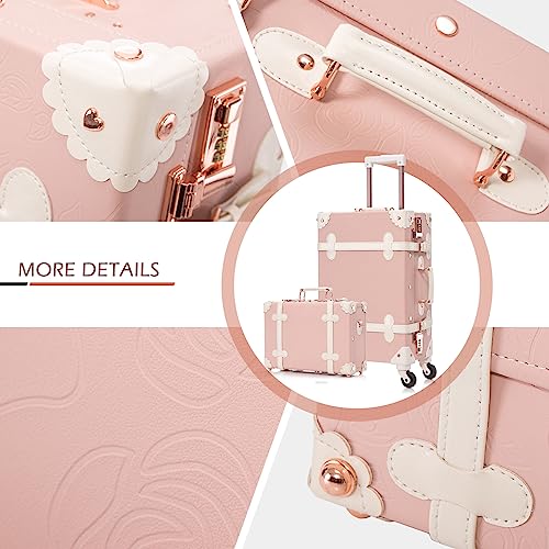 Apelila 2 Piece Vintage Luggage Set PU Leather Luggage with Spinner Wheels, Lightweight Suitcase for Travel( 20"+12") (Retro Pink, 20"+12")