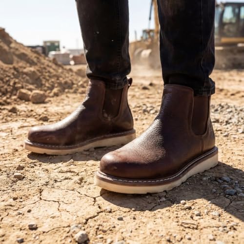 Image of SUREWAY Men's 6-Inch Slip-On Chelsea Work Boots, Soft Toe Leather Boots | GoodyearWelt, thick leather, EH-rated protection, oil- and slip-resistant outsole for industrial work.