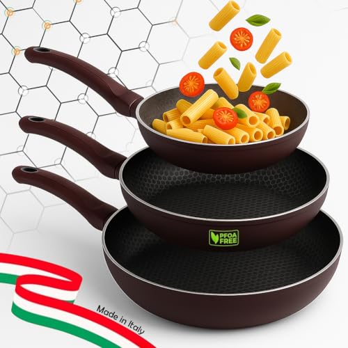 BAKAJI Juego de 3 sartenes de abeja con revestimiento interior antiadherente de nido de abeja, diámetro 20-24-28 cm, sin PFOA, cocción homogénea, mango térmico Cool Touch, ideal para cocinas de gas de