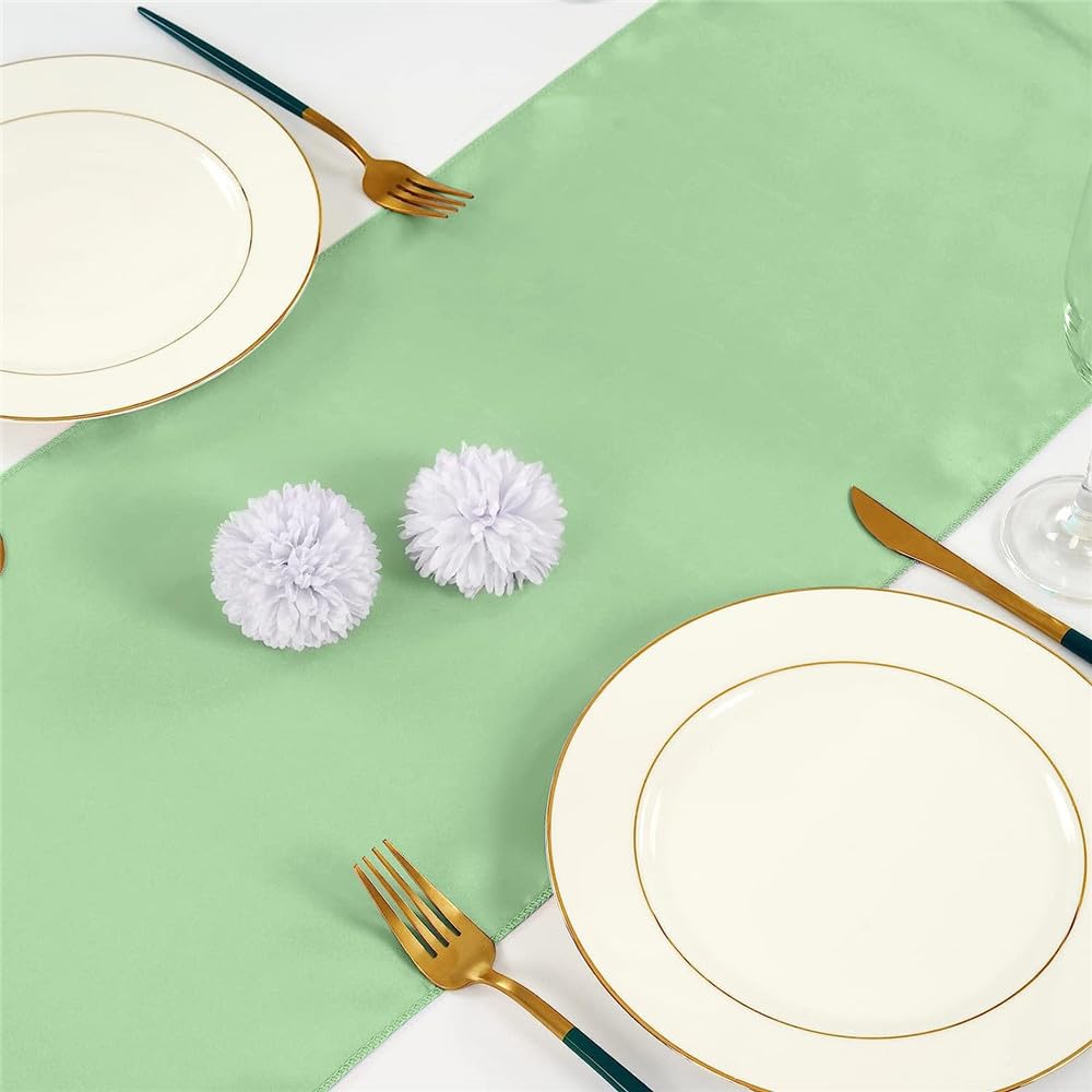 JoliJour Camino de Mesa Saten,Paquete de 20 Caminos de Mesa de Satén Liso de 30*275CM,Rectángulo y Decoraciones de Mesa Redonda para Bodas,Decoraciones para Fiestas de Cumpleaño,Banquete,Verde