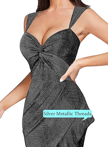 Image of VFSHOW Womens Glitter Sweetheart V Neck Twist Front Backless Ruched Ruffle Slit Formal Evening Gown Maxi Dress