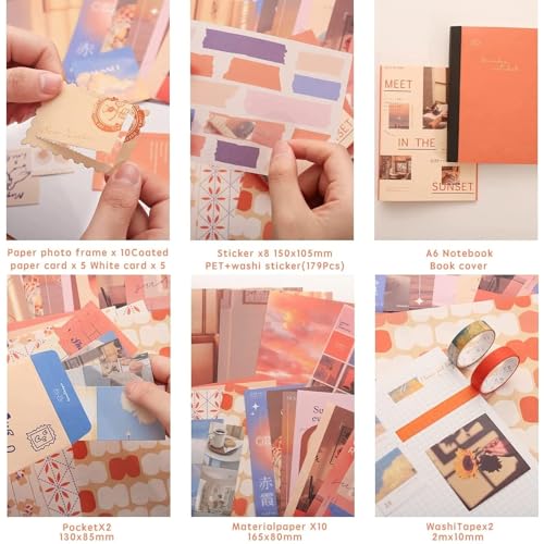 Image of WEMOL Vintage Journal Scrapbook Pack Kit for Art Journaling Bullet, Planners DIY Paper Stickers, Craft Kits Notebook, Collage Album Aesthetic Sticker (Orange)
