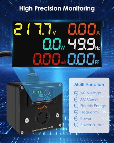 Image of 30A AC Power Meter, 240V NEMA 14-50P to NEMA L14-30R 4-Pin Locking Female Socket, Outlet Monitor for Generator, LCD Display Digital Multimeter Tester, 50A to 30A Multifunction Energy Monitor
