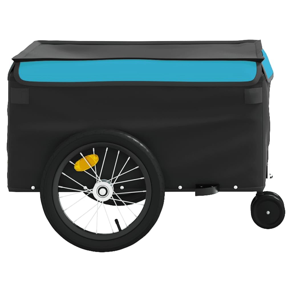 Rimorchio per bicicletta nero e blu in ferro con 45 kg, gancio di traino e bandiera di sicurezza, robusto per carichi bagagli, cani, bambini, all'aperto e vita quotidiana