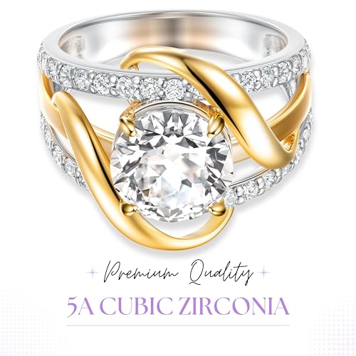 4Ct 925 Sterling Silver Round Cubic Zirconia Bow Solitaire Ring Two tone CZ Engagement Ring for Women Size 5-102