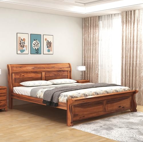 Image of SONA ART & CRAFTS Curve Solid Sheesham Wood King Size Bed Without Storage (78x72) Double Bed King Size Cot for Bedroom (Natural Finish)