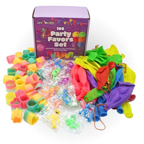 4E's Novelty 108 Pcs Prizes, 36 Of Each, Punch Balloons, Mini Coil Spring, Stretchy Bendable Man, Birthday Party Favor Sets For Kids, Sensory Fidget Treasure Chest Prize Box Toys For Classroom #TOP4