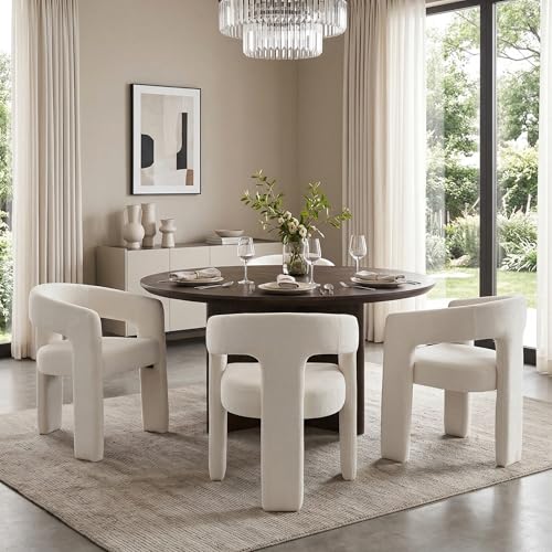 Image of HNY Modern Barrel Kitchen & Dining Room Chairs Set of 3, Chenille Upholstered Accent Chairs with Arm, 18.5'' Wide Side Armchairs Vanity Chairs for Living Room Bedroom Makeup Small Spaces, White