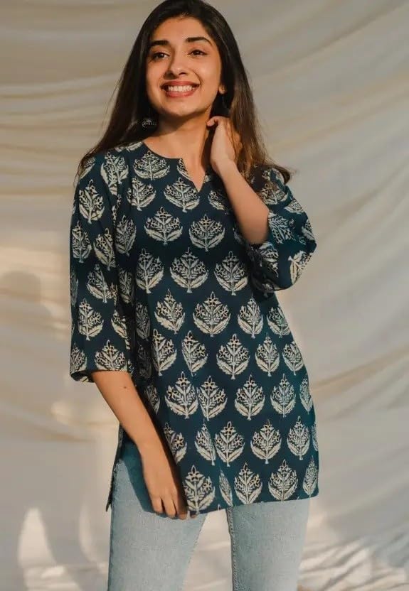 Image of Women's Short Kurti in Multicolor Rayon Cotton Blend | Ladies Ethnic Tunic | Office