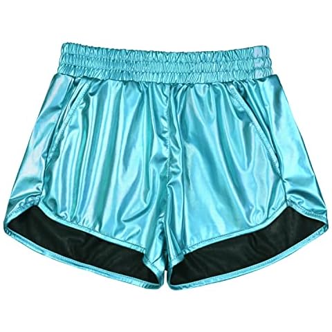 Perfashion Women's Metallic Shiny Shorts Sparkly Hot Yoga Outfit, Cyan, Large Cover