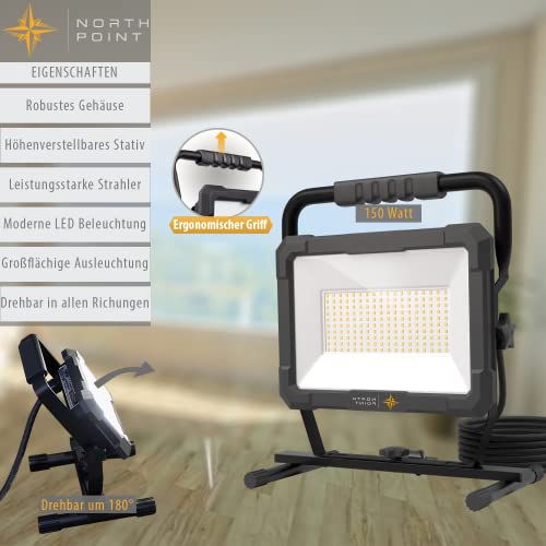 Northpoint LED Blackline Baustrahler Arbeitsstrahler Fluter 150W Leistung 12000 Lumen Lichtstrom stabiles Standgestell AN/AUS Schalter und 3m Zuleitung