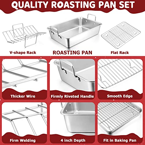 15.3’’ Roasting Pan With Racks, Joyfair 7 Pcs Stainless Steel Large Turkey Roaster Pan With Handle, Cooling Flat Rack/V-Rack, Meat Tenderizer/Claws And Brush, Heavy Duty & Multi-Use, Dishwasher Safe #TOP2
