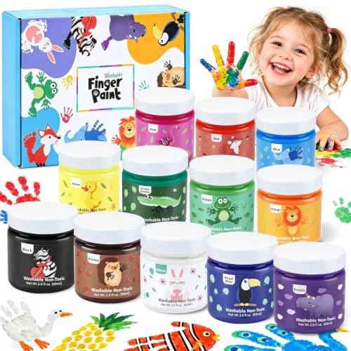 Taricor 12x60ml Waschbare Fingermalfarben Set für Kinder Ungiftig, Kind Farbe für Abdrücke, Fingerfarbe für Kinder zum Malen, Basteln, kindersicheres Fingermalset
