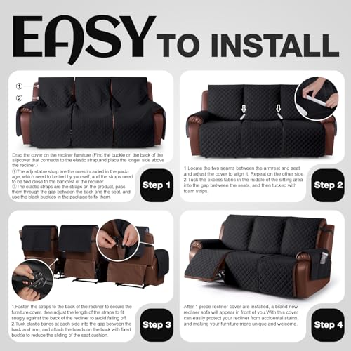 Image of KinCam Recliner Sofa Covers for 3 Seat, 100% Waterproof Reclining Couch Covers, Non-Slip Recliner Couch Cover Furniture Protector with Elastic Straps for Pets, Kids, Black