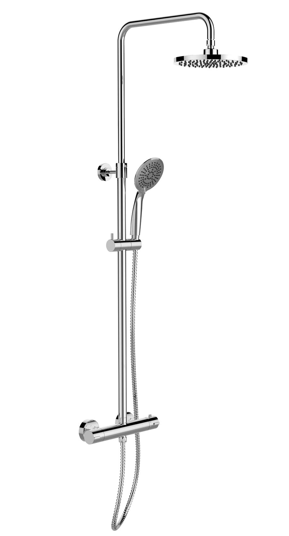 System prysznicowy Young Eco, z armaturą termostatyczną i 2 regulatorami oszczędzania wody, deszczownicą Ø 20 cm i słuchawką prysznicową Ø 11 cm z 5 funkcjami, odporny na zginanie wąż prysznicowy ze