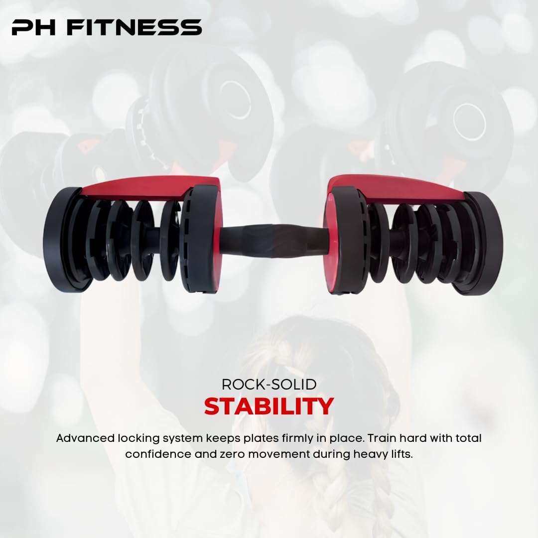 PH Fitness Premium Regulowany Zestaw Hantli 24 kg – 15-w-1 z Regulacją Jedną Ręką – Kompaktowa Para Hantli do Domowej Siłowni – 2,5–24 kg – Sprzęt Treningowy Oszczędzający Miejsce